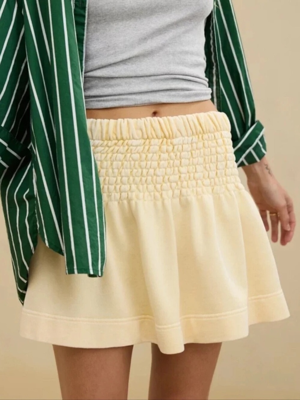 Aerie Smocked Waist Fleece Skater Mini Skirt Pastel Pale Yellow Large NWT